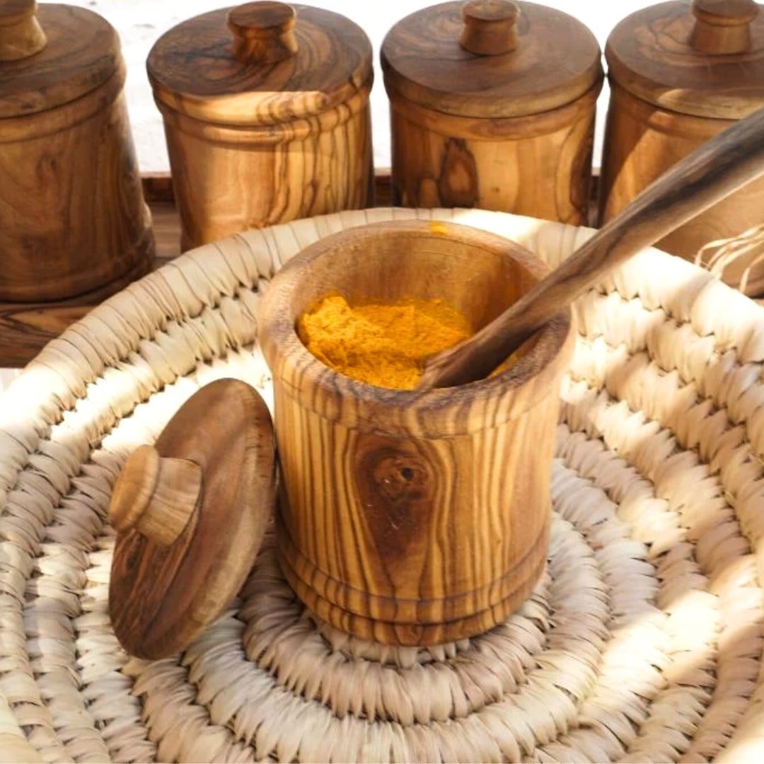 Ensemble de pots à épices en bois d'olivier avec support
