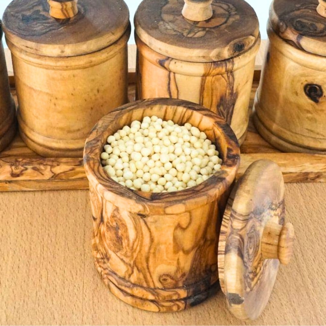 Ensemble de pots à épices en bois d'olivier avec support