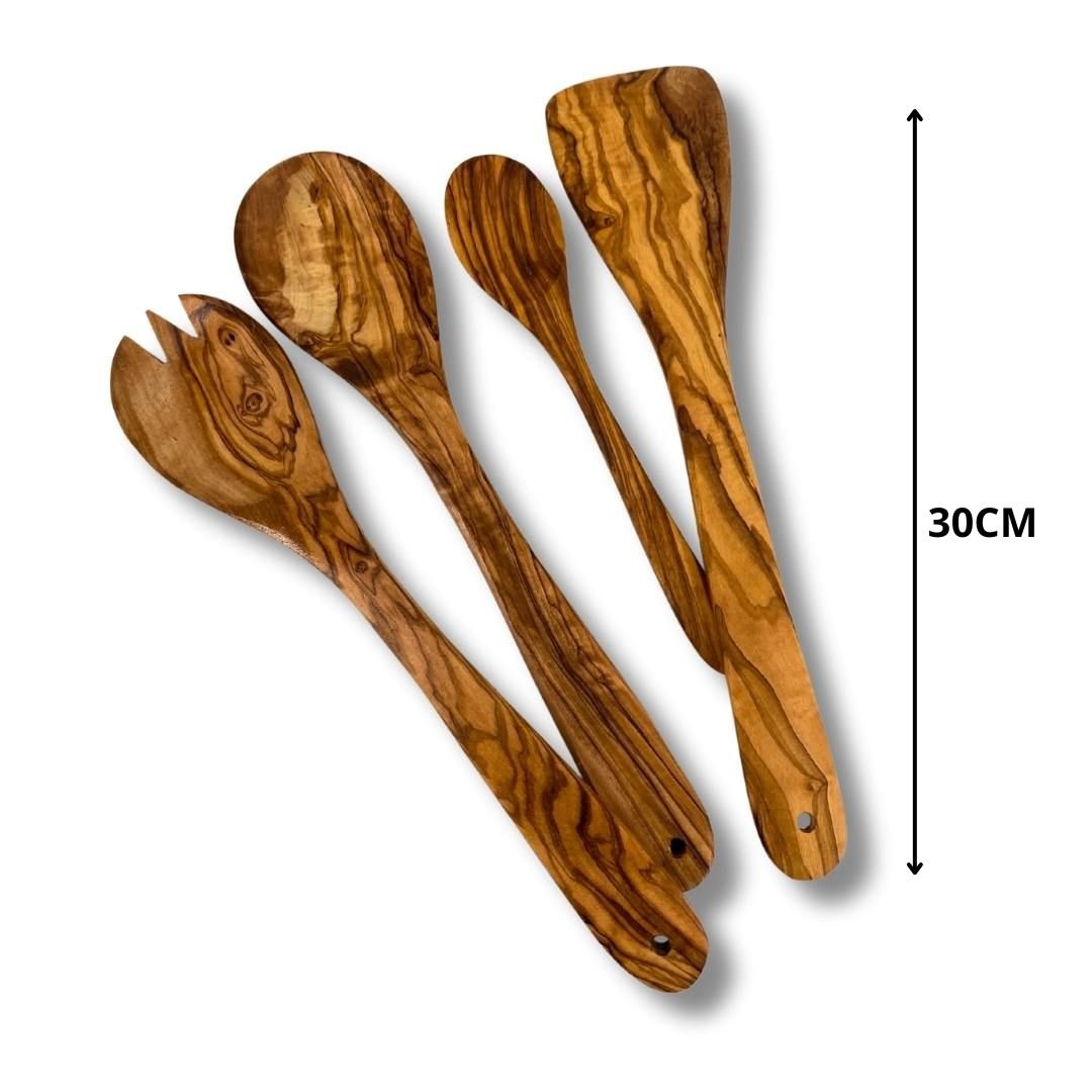 Ensemble Cuillère, Fourchette et Spatule en Bois d'Olivier