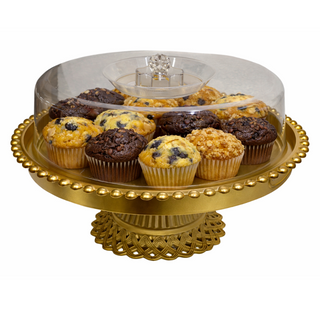 Présentoir à Gâteau Rond Doré avec Cloche Transparente