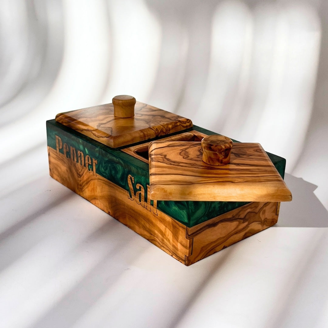 Boîte à sel et poivre en bois d'olivier fait main